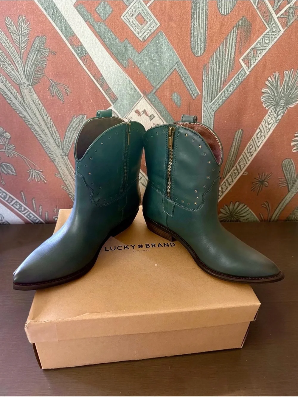 Lucky Brand Dark Teal Vachetta Leather Chantel X Western Cowgirl Ankle Boots